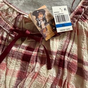 Burgundy & Cream Plaid Ruffled Peplum Blouse